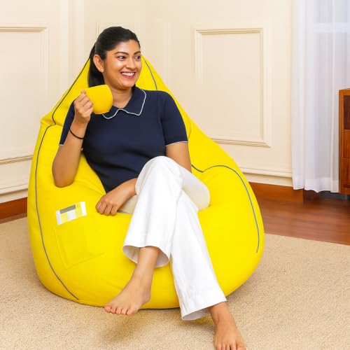 Image of Sattva Classic 3XL Bean Bag Chair with Beans Filled | Faux Leather Sofa Style Beanbags with Filled Beans | Bin Bags Sofa & Beam Bag for Adults, Home & Office - Yellow with Navy Blue Piping