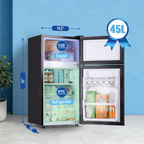 Image of DEMULLER Fridge with Freezer 2 Doors Refrigerator with 7 Setting Adjustable Thermostat Person Mini Refrigerator For Dorm Capacity 45Liters, Matte Black