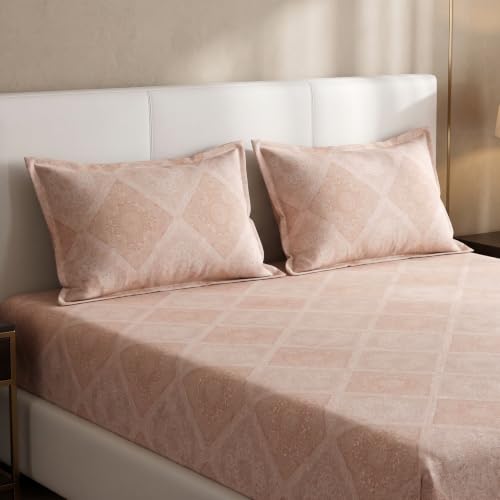 Image of Monte Carlo Eminence Double Bedsheet with 2 Pillow Covers | 144 TC Cotton Bedsheet for Double Bed | Soft & Breathable All Season Bedding Set | Beige Geometric Design | Bedsheet 87 x 100 Inches