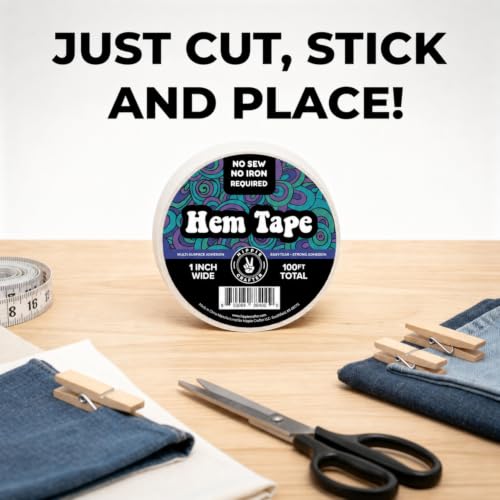 Image of HIPPIE CRAFTER Double Sided Hem Tape No Sew No Iron Sewing Tape for Hemming Curtains Fabric Pants Dress Clothes and More Thin with Strong Adhesive Removable 1 Inch x 100FT