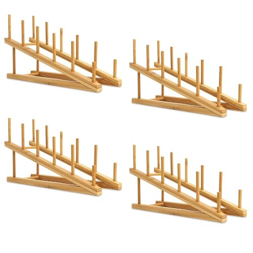 SITAKE 4 soportes para platos de madera, soporte para platos de bambú, estante de madera, estante de exhibición, escurreplatos de cocina para taza, tabla de cortar, cuenco, plato y tapa de olla