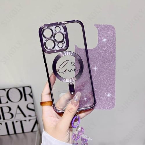 Coque de luxe pour iPhone 12 Pro Max avec placage et bracelet paillettes rose - 2