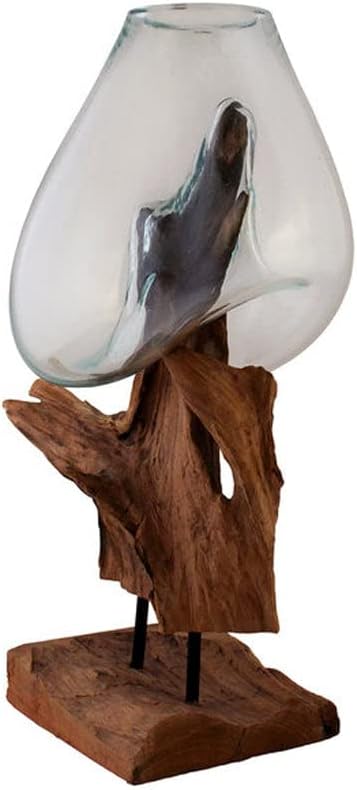 Hand Blown Molten Glass and Teak Vase Sculpture Natural Solid Wood and Recycled Glass Modern Home Decor Large Size