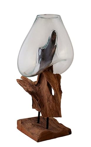 OMA Hand Blown Molten Glass and Teak Vase Sculpture Natural Solid Wood and Recycled Glass Modern Home Decor Large Size