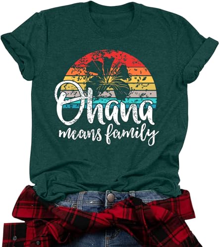 Image of Ohana Means Family Tshirt Women: Hawaii Tropical Graphic T-Shirt Summer Vacation Short Sleeve Tee Top