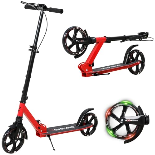 NOVONOVA Patinete Scooter Plegable, Patinetes para niños y niñas, 9-14 años con Manillar Ajustable 91-103m, Patinete con Luces con 2 Ruedas Grandes 200mm y Freno de Mano y pie Máx. 100kg (Rojo)