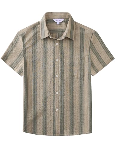 AOTIK Boys Linen Shirts Casual Button Down Shirt Short Sleeve Solid Button Up Shirt with Pocket for Kids 12 Sagegreen Khaki Brown