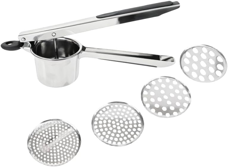 Stainless Steel Potato Ricer with 4 Interchangeable Discs, 13 Inch Manual Masher with Silicone Handles for Puree, Juice Making