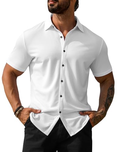 URRU Men's Muscle Dress Shirts Short Sleeve Stretch Casual Button Down Shirts Wrinkle Free Slim Fit Dress Shirt for Men