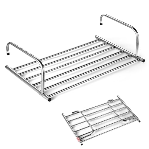 大容量 伸縮式 ベランダ用物干しラック 布団干し、窓枠 手すり 物干しスタンド ステンレス ものほしざお 防水防錆 耐荷重 屋外 洗濯物干し 室内用乾燥台 枕/花台/靴/布団/タオル適応 50~86cm 86~158cm伸縮可能な 壁掛け ハンガーバー 盆