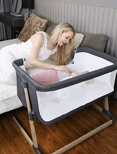 Image of Mumeasy Newborn Baby Bedside Bassinet - Adjustable Portable Bedside Sleeper with Wheels & Storage Basket for Infant | Newborn Baby Boy & Girl