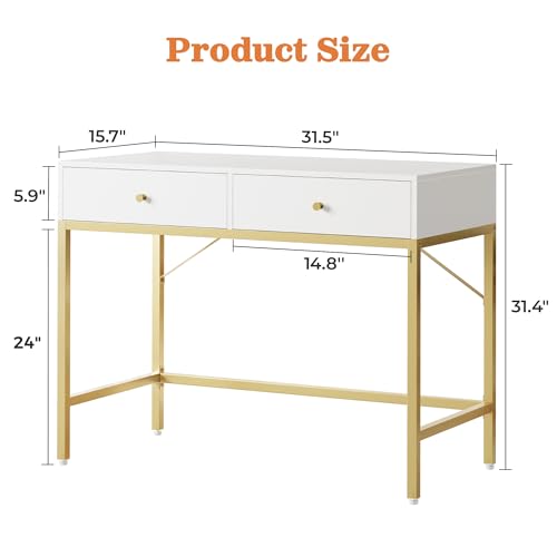 Image of SUPERJARE 31.5 inch White and Gold Desk with 2 Drawers, Modern Vanity Desk