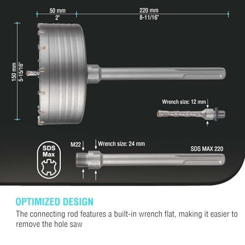 Image of BINOTA 150 mm (5-15 /16 inch) Concrete Hole Saw with SDS-MAX Shank | Tungsten carbide drill bit; SDS-Max shank (220 mm); Cross-type center drill; Dry drilling for concrete /brick /stone /masonry
