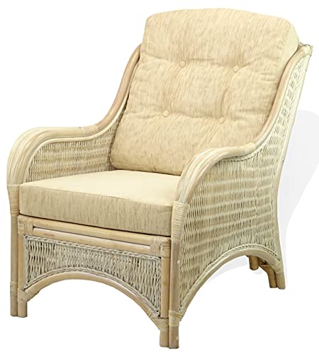 Jam Lounge Living Accent Armchair Natural Rattan Wicker Handmade Design With Cream Cushion, White Wash #TOP18