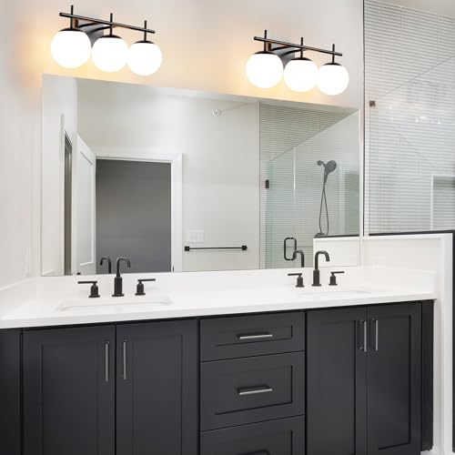 AIJIASI Black Bathroom Vanity Light, 3-Light Bathroom Lighting Fixtures Over Mirror with Milky White Globe Glass Shade, Mid Century Modern Vanity Lights Fixture Over Mirror 22.4 Inch by AIJIASI - Used condition - Image 4