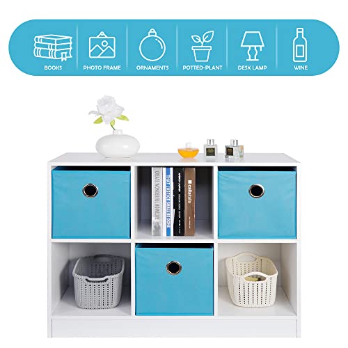 Super Deal 6 Cube Storage Shelf Organizer, 3 X 2 Wood Bookcase With 3 Bins Wide Display Bookshelf System Toy Storage Cabinet For Kids Bedroom Living Room, White/Light Blue #TOP3