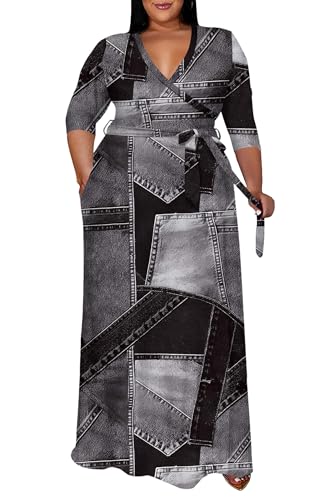 Image of Runwind Plus Size Dress for Women - 3 /4 Sleeve V Neck Maxi Dresses for Women (XL-6XL)