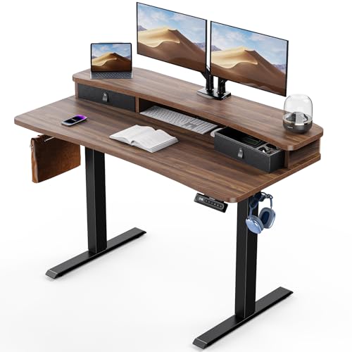 Image of HUANUO 48″ x 24″ Electric Standing Desk with 2 Drawers, C-Clamp Mount Compatible, Height Adjustable Computer Desk, Home Office Stand Up Desk with 4 Preset Heights & 2 Hooks, Walnut