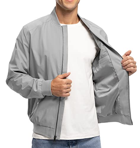 Ysento Men's Bomber Jackets Windbreaker Lightweight Active Performance Track Running Jackets Light Grey L #TOP2