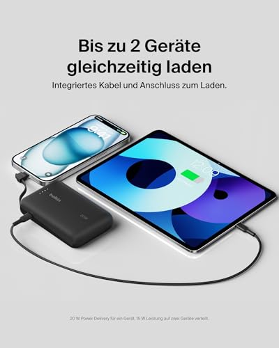 Belkin BoostCharge Power Bank, Portable Powerbank 10000mAh mit integriertem Kabel, PD 20 W – USB-C Power Delivery zum Schnellladen von Geräten wie der iPhone 16-Serie, iPad Pro und Galaxy S24 – Bild 4