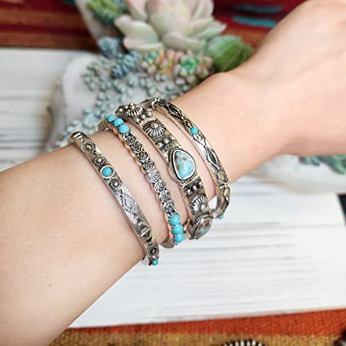 Elosee Western Style Turquoise Stone Stackable Antique Silver Tone Stretch Bracelet (#2) #TOP4