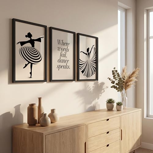 Image of NoWorries Minimalist Ballet Dancer Wall Art Framed Painting Set of 3 | Black & White Dance Silhouette Prints with Frame | inchWhere Words Fail, Dance Speaks inch Quote | Modern Aesthetic Ballet Decor Frames for Living Room, Bedroom and Studio, Framed Artwork Ready to Hang (Art-10, 10x13inch, Wooden)