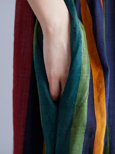 Image of Oversized Dress for Women Summer Midi Dresses Colorful Striped | Lightweight & Breathable Viscose Fabric for Summer. Loose Fit Casual Dresses for House & Vacation. Boho Style with Pockets