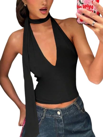tivante Solid Halter Neck Sleeveless Crop Top with Scarf for Women-picture-21
