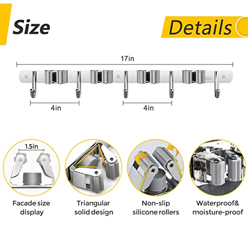 Laufary Broom Holder- Stainless Steel Mop Holder Wall Mount, Broom Storage Rack, Garden Tool Organizer, 4 Racks 5 Hooks For Home, Kitchen, Garden, Tools, Garage Organizing (Grey) #TOP3