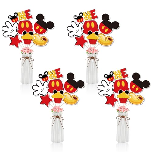 BAOOOFUL Red Mouse 1st Birthday Centerpieces Table Toppers for Kids Red Mouse Theme Design and Centerpiece Sticks for One Year Old Birthday Party Supplies 1st Birthday Party Decorations (28 Pcs)