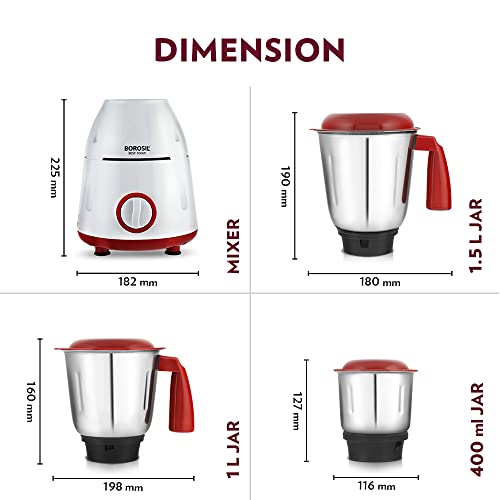 Image of Borosil Best Mixer Grinder, For Wet /Dry Mixing & Grinding, 500 Watts, 3 Jars (400 ml Chutney Jar, 1.2 L Blending Jar, 1 L Grinding Jar), Mixie For Kitchen