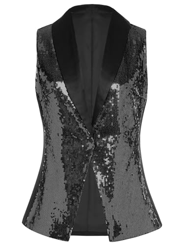 YiZYiF Women's Sparkly Sequin Waistcoat Top One Button Glitter Sleeveless Jacket Coat Disco Dance Vest