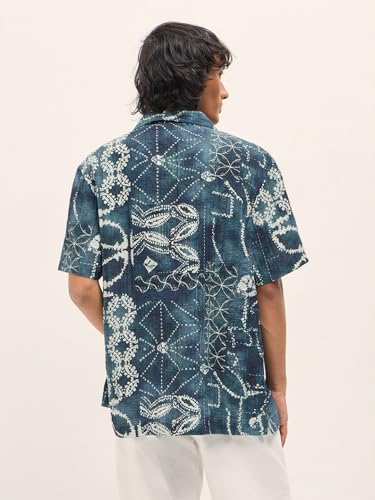 Image of Men's Blue Relaxed Fit Digital Print Woven Casual Shirt