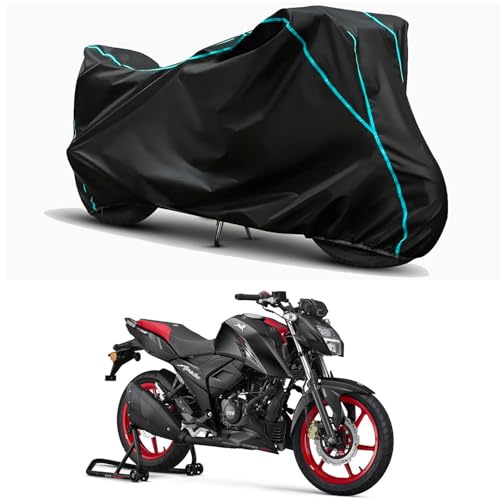 Image of Waterproof Bike Body Cover Compatible for | TVS Apache RTR 160 4V ABS | Taffeta Fabric, Sky Piping Design, Bottom Elastic Fit | Dustproof, Sun UV & Rain Protection for All Weather.