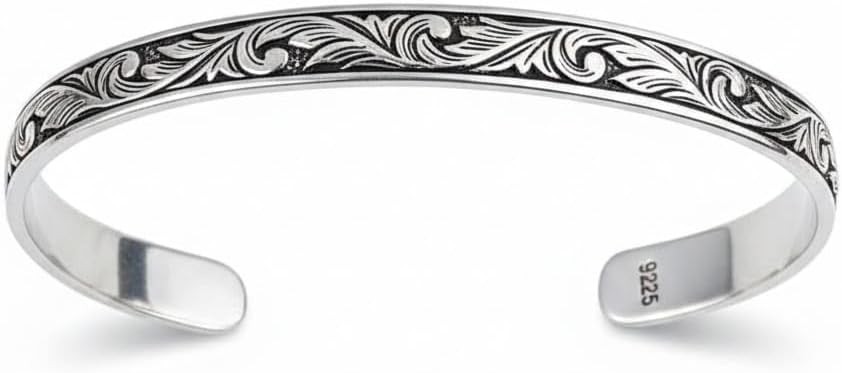 925 Silver Floral Embossed Engraved Cuff Bracelet, Adjustable Unisex Cuff, Sterling Silver Cuff Bracelet, Handmade Men Cuff Bracelet
