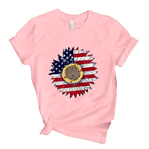 Camiseta feminina com bandeira americana 4 de julho, blusa casual independente com estampa de girass