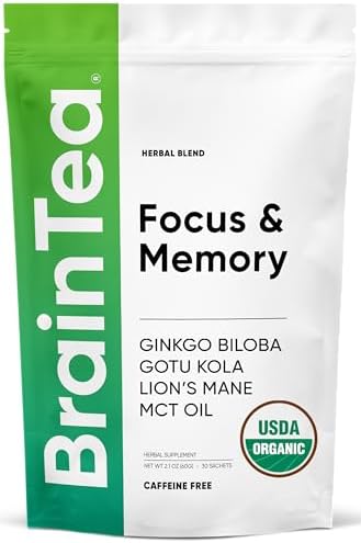 Brain Tea Focus & Memory Organic Certified 4-in-1 Nootropic Tea with Organic Ginkgo Biloba, Gotu Kola, Lion’s Mane Mushroom, MCT Caffeine-Free for Mental Clarity (30 Sachets)