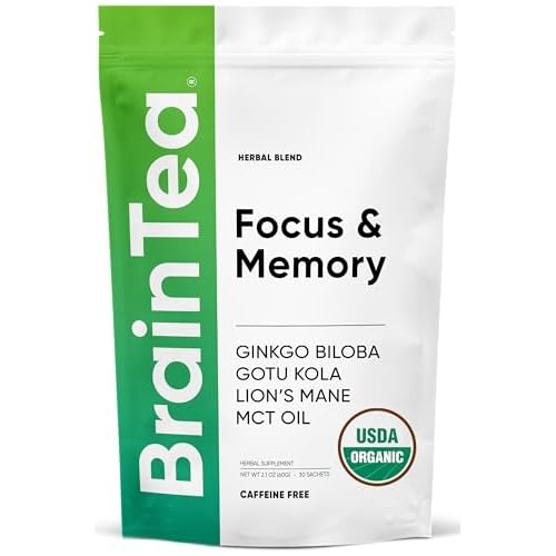 Brain Tea Focus & Memory – Brain Tea Organic Certified 4-in-1 Nootropic Herbal Supplement with Ginkgo Biloba, Gotu Kola, Lion’s Mane Mushroom, MCT Caffeine-Free for Mental Clarity (30 Sachets)