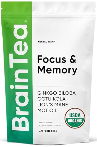 Brain Tea Focus & Memory - Brain Tea Organic Certified 4-in-1 Nootropic Herbal Supplement with Ginkgo Biloba, Gotu Kola, Lion’s Mane Mushroom, MCT Caffeine-Free for Mental Clarity (30 Sachets)