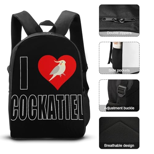 I Love Cockatiel Bird Large Travel Backpacks Carry on Backpack Weekender Bag with 2 Storage Pockets for Men And Women3