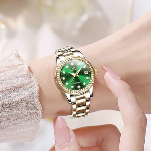 Image of OLEVS Womens Automatic Watch Gold Luxury Diamond Self Winding Ladies Wrist Watches Waterproof Luminous Date
