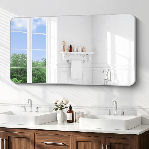 BONEWEI Silver Bathroom Mirror,30x55 inch Wall Mirror for Bathroom Wall Mounted,Rectangle Mirror for Bathroom Over Sink,Modern Frame Round Corner for Living Room,Bedroom Entryway,Horizontal/Vertical