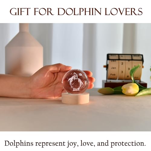 Image of IFOLAINA Dolphin LED Gift 3D Dolphins Figurines In Crystal Ball Laser Engraved Glass Sphere Home Decor With Wooden Light Base | Engraved Glass Dolphin Sphere Figurines Decorative Decor Lamp for Room Holidays