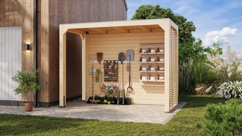 CHILLROI® Karibu moderner Gartenpavillon mit Flachdach, Selbstklebender Dachfolie, wetterfest und stabil, für Garten, Terrasse und Outdoor-Bereich (Pavillon mit Rückwand + 1 Seitenwand)