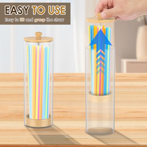 PTMTFYL Straw Holder, Acrylic Straw Dispenser with Wood Lid, Transparent Counter Container Countertop Organizer for Standard Size Drinking Straws