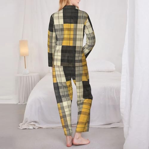 Pyjama à imprimé écossais jaune gris noir stretch et confortable en deux pièces - 5