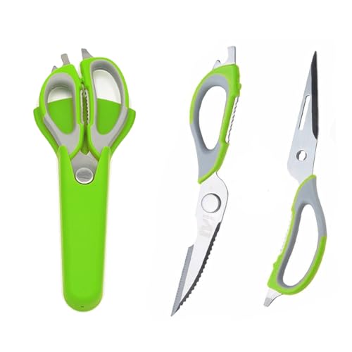 Multifunction Kitchen Scissors, 7-in-1 Heavy Duty Stainless Steel Culinary Scissor with Magnetic Holder, Detachable Household Kitchen Shear for Cut Poultry Bone Vegetables Fruit Seafood (Green)