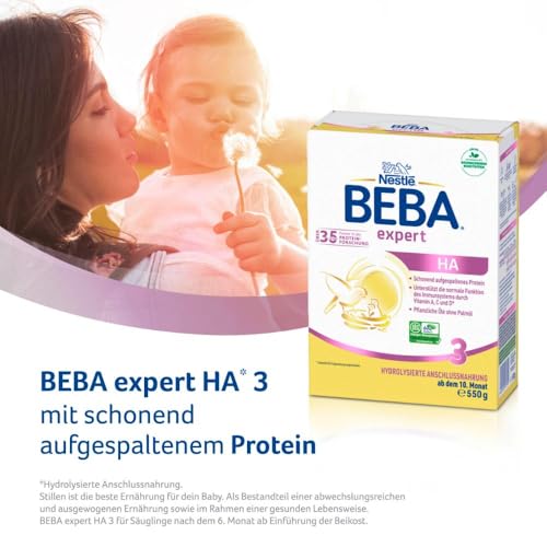 BEBA expert HA 3 Folgemilch ab dem 10. Monat, Babynahrung mit hydrolysiertem Protein, nur Laktose, ohne Palmöl, 6er Pack (6 x 550g)