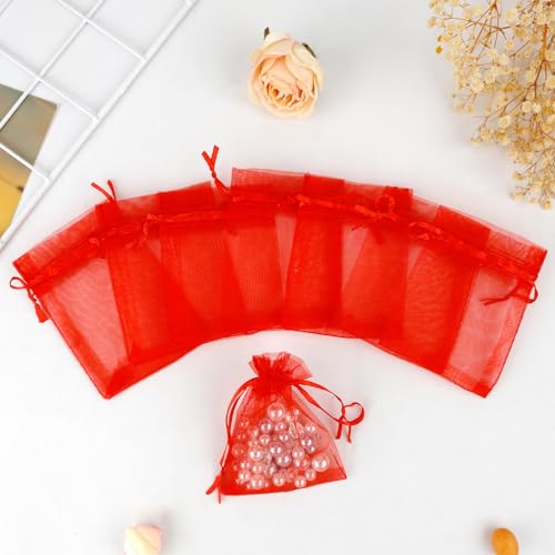 Image of Red Organza Bags - 50 Pcs, Sheer 3 x 4 Inch, Jewelry & Party Favor Bags with Drawstring, Small Mesh Gift Pouches for Wedding & Christmas