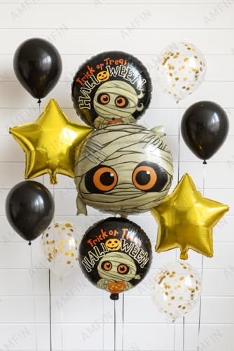 Image of AMFIN (Pack of 11) Halloween Balloon Decoration Set - Mummy Foil Balloon, 2 inchTrick or Treat Halloween inch Round Balloons & 2 Gold Star Balloons - Spooky Party Supplies for Kids & Adults
